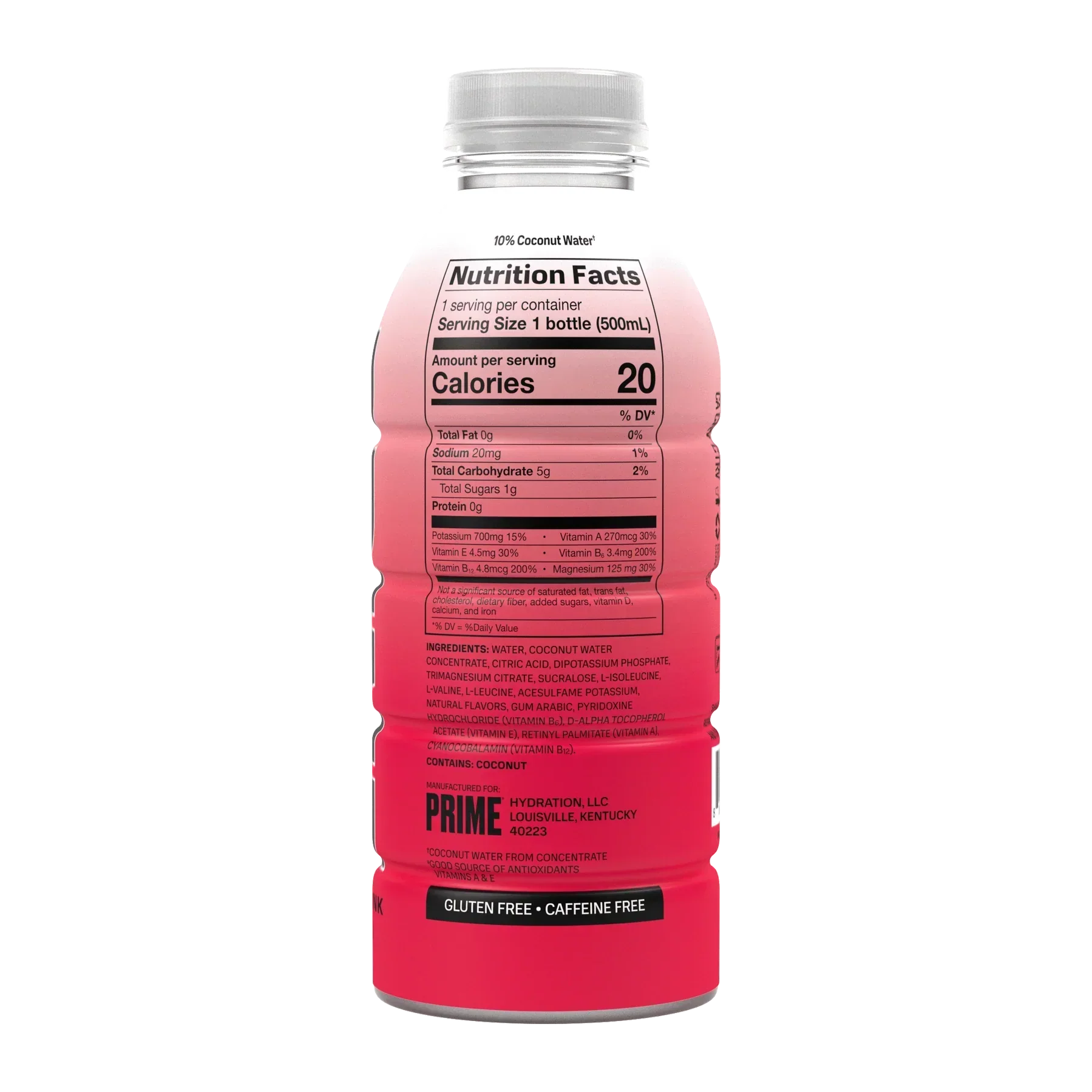 The back of the Prime Hydration Cherry Freeze which contains the nutrition facts for this drink.